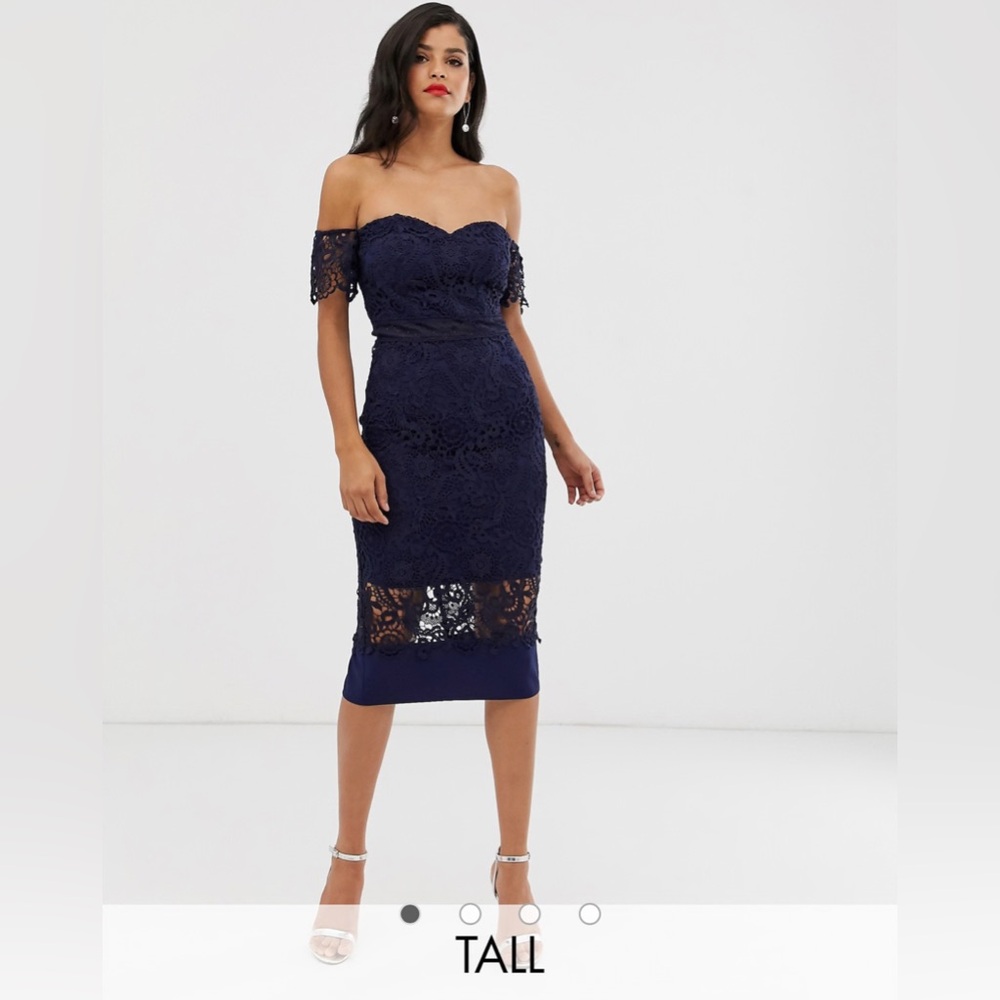 Chi Chi London Tall Bardot Lace Midi Dress in Navy Women’s Size 10 TALL